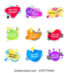 Did you know abstract shape badges set, light bulb and megaphone speaker label flat style design vector illustration isolated on white background. Interesting facts or quiz knowledge badge.