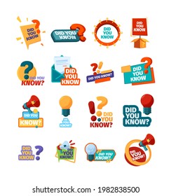 Did you know. Ads promotional symbols talking phrase discuss stickers garish vector flat templates set