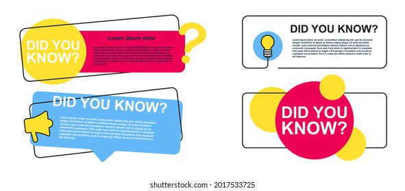 Did you know the banner set? Bulb, horn on white isolated background. Interesting fact poster. Vector illustration flat concept.