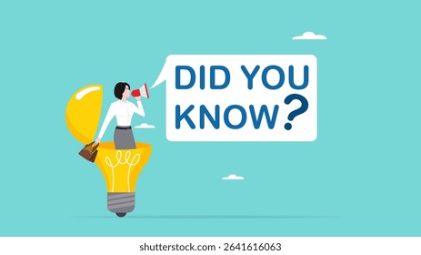 did you know banner concept, expert information, explanation or solution, useful tip or knowledge, business woman coming out of light bulb idea with megaphone and speech bubble saying did you know?