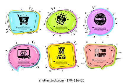 Did you know. Big buys, online shopping. Special offer question sign. Interesting facts symbol. Quotation bubble. Banner badge, texting quote boxes. Did you know text. Coupon offer. Vector