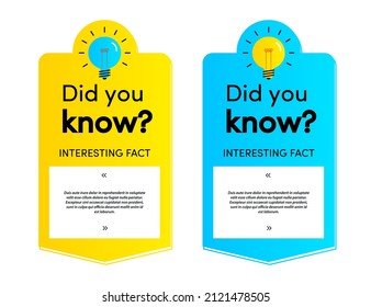 Did you know card set for life hacks, advertising, education, business, interesting funny facts, learning, education, expert tutorial, wise council, blog label, social media. Vector