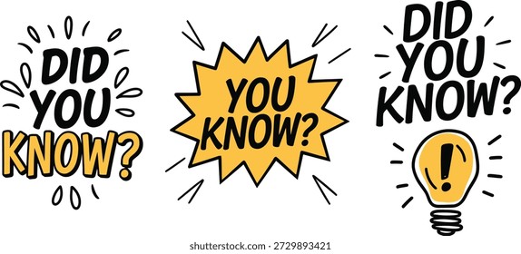 Did You Know comic speech bubbles set. Pop art trivia question text and lightbulb idea vector illustration collection