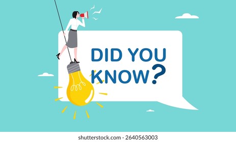 did you know concept, fun fact, expert information, explanation or solution, idea or advice message, useful knowledge or wisdom, useful tip, woman talk on megaphone on did you know speech bubble