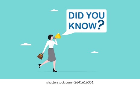 did you know design, expert information, explanation or solution, idea or advice message, useful knowledge or wisdom, useful tip, woman talk on lightbulb megaphone on did you know speech bubble