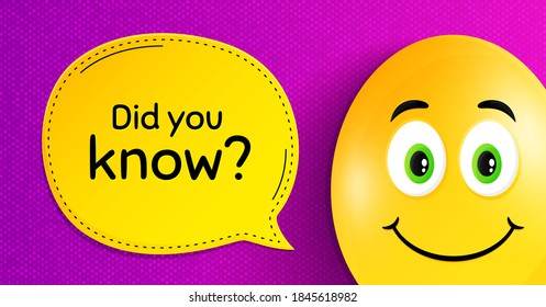 Did you know. Easter egg with smile face. Special offer question sign. Interesting facts symbol. Easter smile character. Did you know speech bubble. Yellow egg background. Vector