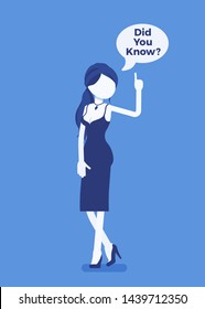 Did you know female announcement, speech bubble. Young woman representing explanation of interesting fact, clear statement. Promotion, advertising information. Vector illustration, faceless characters
