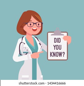 Did you know female doctor announcement. Professional medical consultation for women, popular healthcare fact explanation. Promotion, advertising information. Vector flat style cartoon illustration