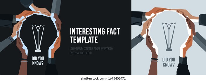 Did You Know Icon Tenplate. Hands Of Multicultiral Team Make Light Like Idea, Help, Tag. Quiz Interesting Fact Label, Banner With Empty Space. Post Background For Business In Minimalistic Black Colors