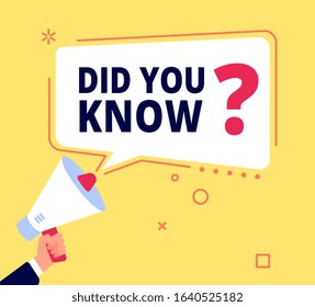 Did you know. Innovative facts, question banner or quiz idea. Fun speech bubble, marketing and promotion, sales. Vector thinking concept