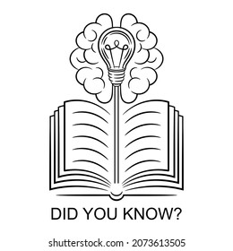 Did you know interesting fact, education information in learning book line icon. Helpful wise advice, fun fact, quick tips, quiz or fyi info. Thinking brain with light bulb. Textbook knowledge. Vector