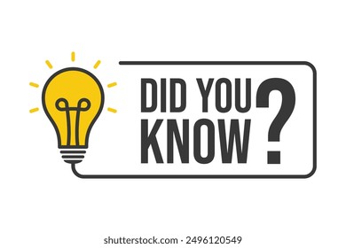 Did You Know label design with light bulb and rays. template post icon for social media background, fun fact blank template fyi vector with lightbulb idea and cable symbol element