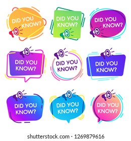 Did you know labels. Interesting facts speech bubbles, knowledge base label and social media faq banner. Knows fact news or thinking quiz isolated vector badges isolated icons set