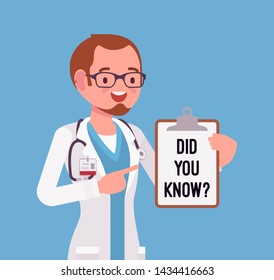 Did you know male doctor announcement. Professional medical consultation for men, popular healthcare facts explanation link. Promotion, advertising information. Vector flat style cartoon illustration