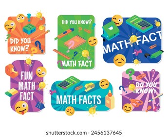 Did you know math fact banner colored comic sticker design template isometric vector illustration. Mathematics learning studying education label cute smiley emoticon and calculator counting stationery