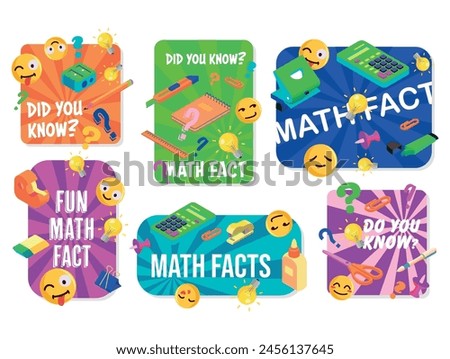 Did you know math fact banner colored comic sticker design template isometric vector illustration. Mathematics learning studying education label cute smiley emoticon and calculator counting stationery