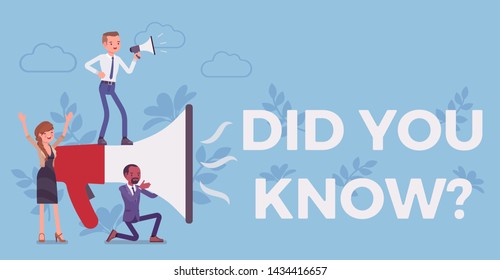 Did you know megaphone announcement. Group of people holding loud speaker to explain interesting facts of commercial product, promotion, advertising information. Vector flat style cartoon illustration