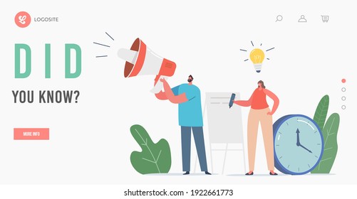 Did You Know Megaphone Announcement, Ads Information Landing Page Template. Characters with Loudspeaker and Light Bulb Stand at Whiteboard Explain Interesting Facts. Cartoon People Vector Illustration