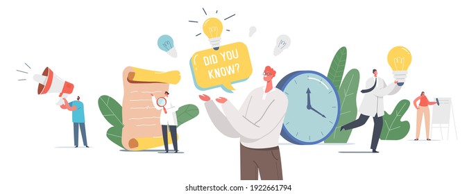 Did You Know Megaphone Announcement. Tiny Characters with Loudspeaker and Light Bulb Explain Interesting Facts of Commercial Product, Promotion, Ads Information. Cartoon People Vector Illustration