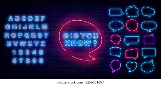 Did you know neon label in cloud frame. Quiz sign. Shiny blue alphabet. Speech bubbles frames collection. Exam, interesting facts concept. Glowing banner. Editable stroke. Vector stock illustration