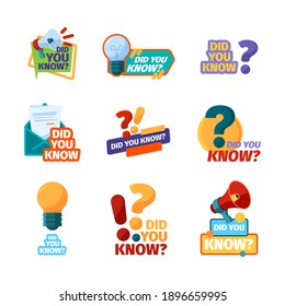 Did you know. Promotional badges with talking phrase discourse labels with megaphone flat pictures garish vector templates collection isolated