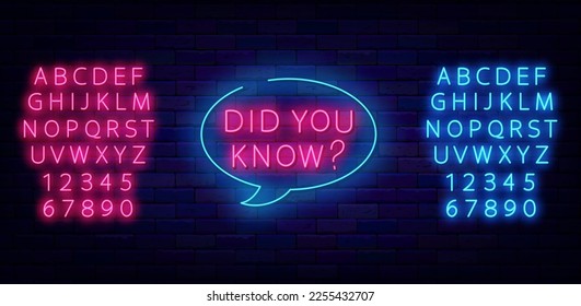 Wusstest du Fragen in Sprachblase? Neon signiert mit Text. Glanzrosa und blaues Alphabet. Quiz und Faktenkonzept. Glühendes Banner. Bearbeitbarer Strich. Vektorgrafik