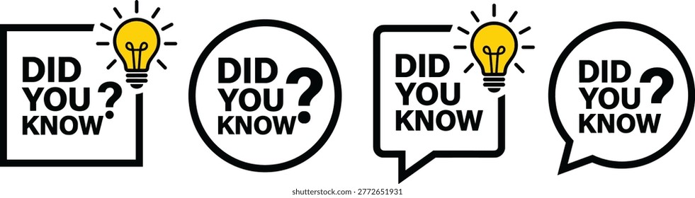 Did you know question text with light bulb icons in speech bubbles and frames, facts and information symbols, isolated, flat