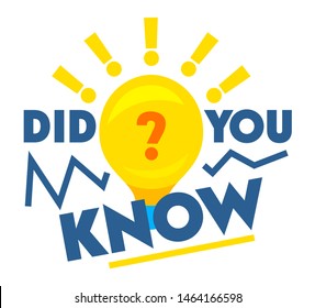Did You Know Quote with Exclamation Marks around Light Bulb and Question Mark Isolated on White Background. Graphic Design Elements with Blue Typography, Sticker, Icon Cartoon Flat Vector Illustration