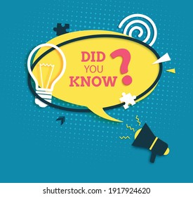 Did you know round speech bubble in paper cut style. Quiz show sticker in memphis retro style. 80s 90s banner with geometric shapes. Vector illustration with question mark on yellow color element.