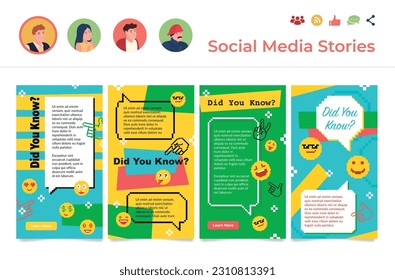 Did you know social media stories with line pixel design elements set vector illustration. Advice help communication quick tips internet message educational knowledge interesting information web page