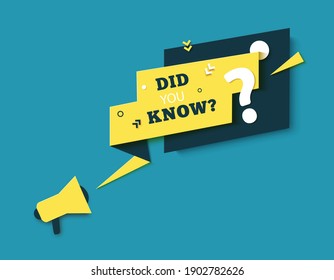 Did you know speech bubble and megaphone in paper cut style. Quiz yellow show sticker in memphis retro style. 80s 90s banner with question mark and geometric shapes. Vector card illustration.