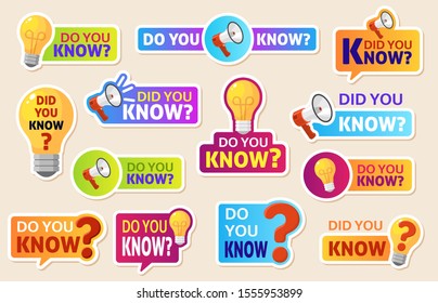 Did you know. Speech bubbles with question mark for social media. Information labels for web post. Discussion marketing vector funny typography logo labels