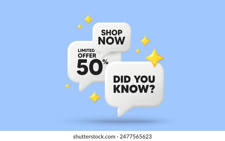 Did you know tag. 3d offer chat speech bubbles. Special offer question sign. Interesting facts symbol. Did you know speech bubble 3d message. Talk box stars banner. Vector