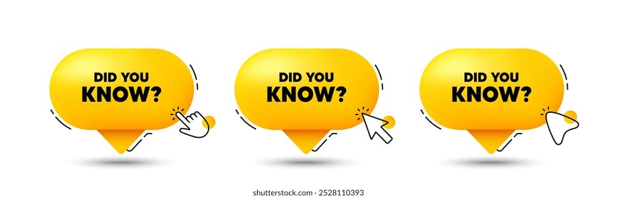 Did you know tag. Click here buttons. Special offer question sign. Interesting facts symbol. Did you know speech bubble chat message. Talk box infographics. Vector