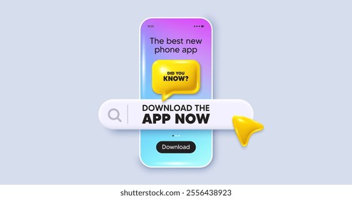 Did you know tag. Phone mockup screen. Download the app now. Special offer question sign. Interesting facts symbol. Phone download app search bar. Did you know text message. Vector