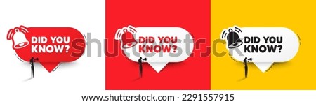 Did you know tag. Speech bubbles with bell and woman silhouette. Special offer question sign. Interesting facts symbol. Did you know chat speech message. Woman with megaphone. Vector