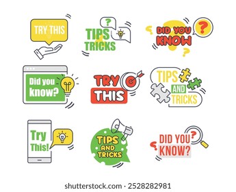 Did you know try this quick tips and trick sign badge with line element design template set vector flat illustration. Question help idea interesting information label light bulb goal darts megaphone