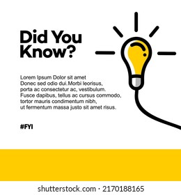Did You Know Vector Template Post Icon For Soicial Media Background, Fun Fact Blank Template Fyi Vector With Lightbulb Idea And Cable Symbol Element