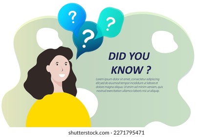 Did you know. The woman asks a question. Bubble speech with question mark. Interesting facts, news.
Get an answer, help background information.
Vector illustration