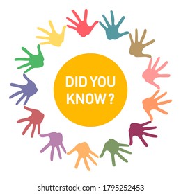 Did you know? Round frame from multi-colored palms, hands. Vector stock illustration eps10.