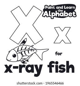 Didactic alphabet with smiling and translucent x-ray fish, ready to color it and letter X for grammar learning.