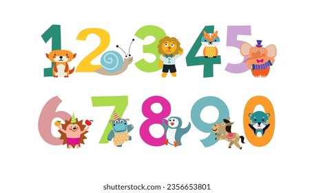 Didactic material for children. Card with numbers for learning. Numbers with happy animals. Vector illustration.  