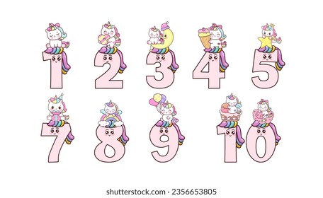 Didactic material for children. Card with numbers for learning. Number with unicorns. Vector illustration.