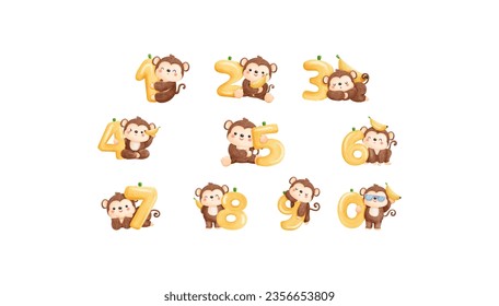 Didactic material for children. Card with numbers for learning. Numbers with baby monkeys. Vector illustration.  