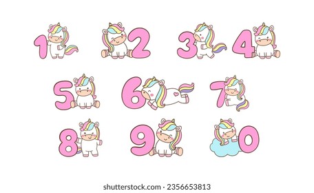 Material didáctico para niños. Tarjeta con números para el aprendizaje. Número con unicornios. Ilustración vectorial.