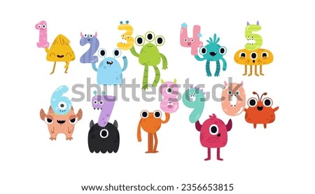 Didactic material for children. Card with numbers for learning. Numbers with monsters. Vector illustration.