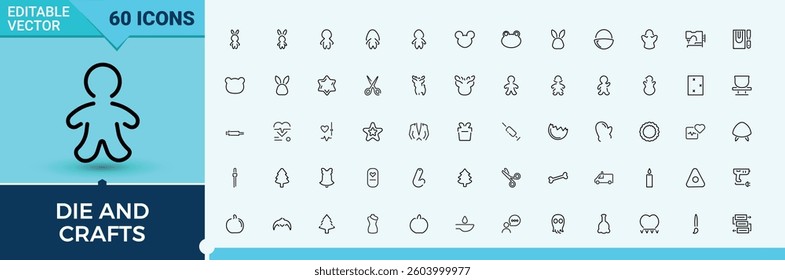 Die and crafts line icon. Includes thin line symbols horror, die, and more. Icons for website. Death icon set. Pixel perfect. Vector illustration.