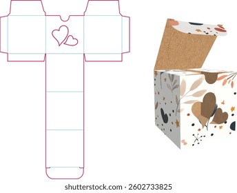 Die cut box template with floral and heart design for crafting and gift packaging.