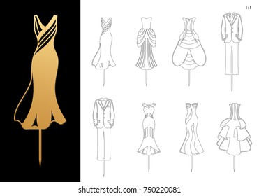 Die cut Bride and Groom wedding Cake Toppers 7.89'' H. Cutout elegant Dresses and Masculine suits silhouettes. Laser cut table sign is suitable for way to top of cake in Engagement, Bridal shower. 