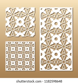 Die cut card. Laser cut vector panel. Cutout silhouette with geometric seamless pattern. A picture suitable for printing, engraving, laser cutting paper, wood, metal, stencil manufacturing.